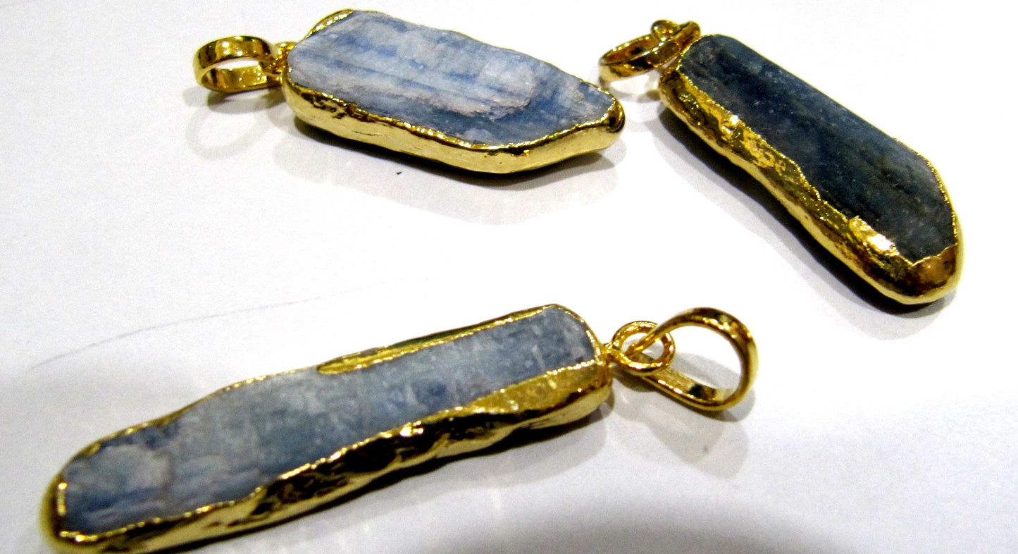 Natural Blue Kyanite Pencil Shape Pointed Pendant Gemstone Gold Electroplated Edges Charms / Size 30 to 40 mm sold per piece