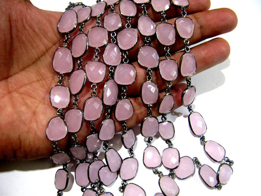 Pink Chalcedony Rose Quartz color Uneven Free Shape Briolette Bezel Connector Chain Size 12to 15mm Sold Per Foot Wholesale  Link Chain