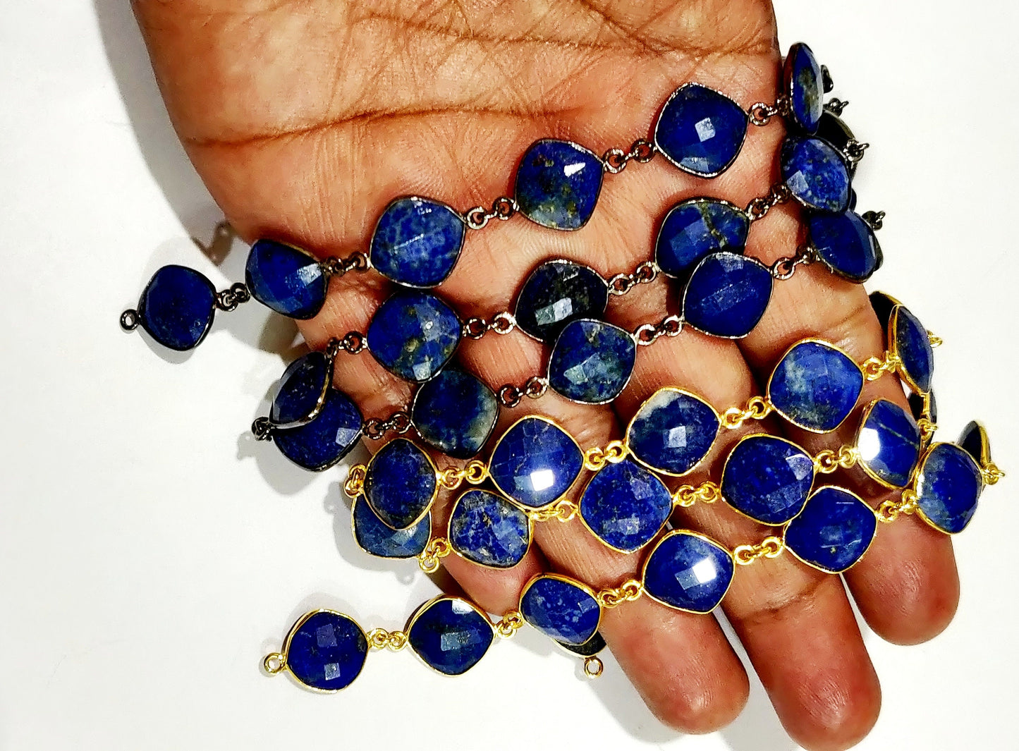Lapis Lazuli  Briolette Faceted Cushion Shape Size 12 to 13mm Bezel Connector Link Chain Sold Per Foot Jewelry Making Gemstone Chain