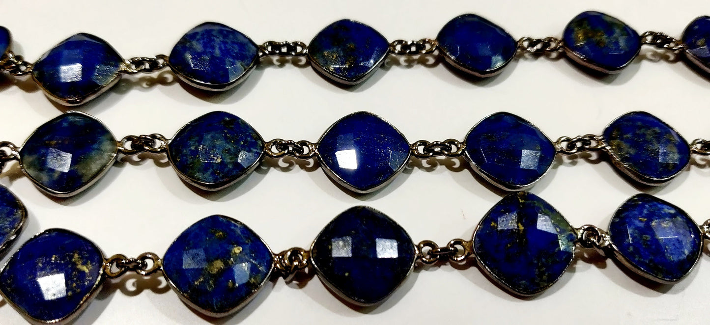 Lapis Lazuli  Briolette Faceted Cushion Shape Size 12 to 13mm Bezel Connector Link Chain Sold Per Foot Jewelry Making Gemstone Chain