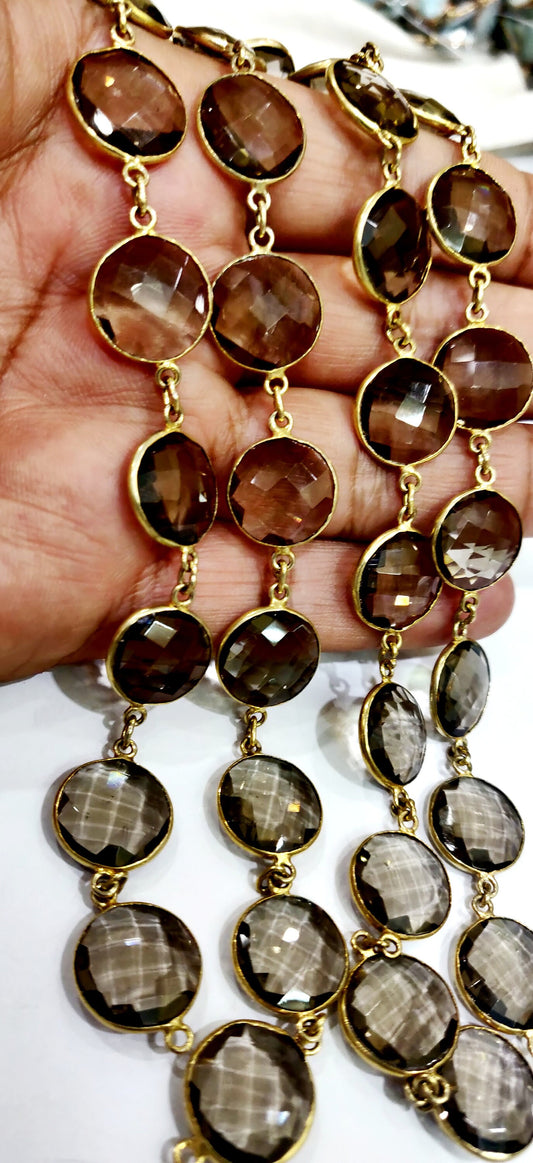 Natural Smoky Quartz  Briolette Faceted Round Coin Shape 14mm to 15mm Bezel Connector Link Chain Sold Per Foot Jewelry making Handmade chain