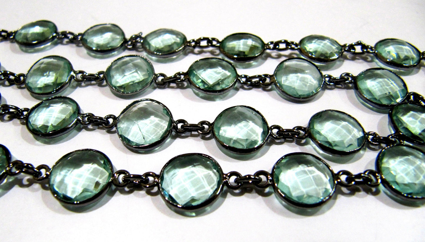 Green Amethyst Quartz  Briolette Faceted Round Coin Shape 11mm to 12mm Bezel Connector Link Chain Sold Per Foot Jewelry making chain