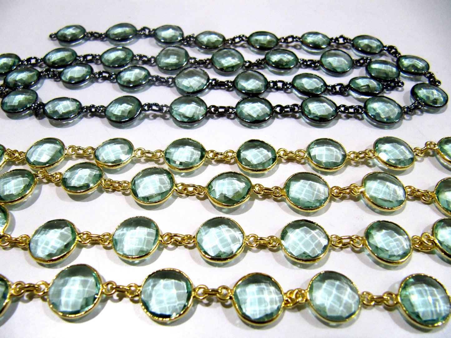 Green Amethyst Quartz  Briolette Faceted Round Coin Shape 11mm to 12mm Bezel Connector Link Chain Sold Per Foot Jewelry making chain