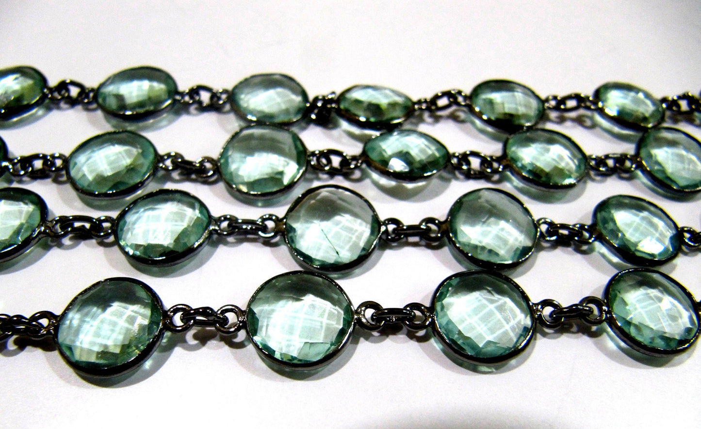 Green Amethyst Quartz  Briolette Faceted Round Coin Shape 11mm to 12mm Bezel Connector Link Chain Sold Per Foot Jewelry making chain