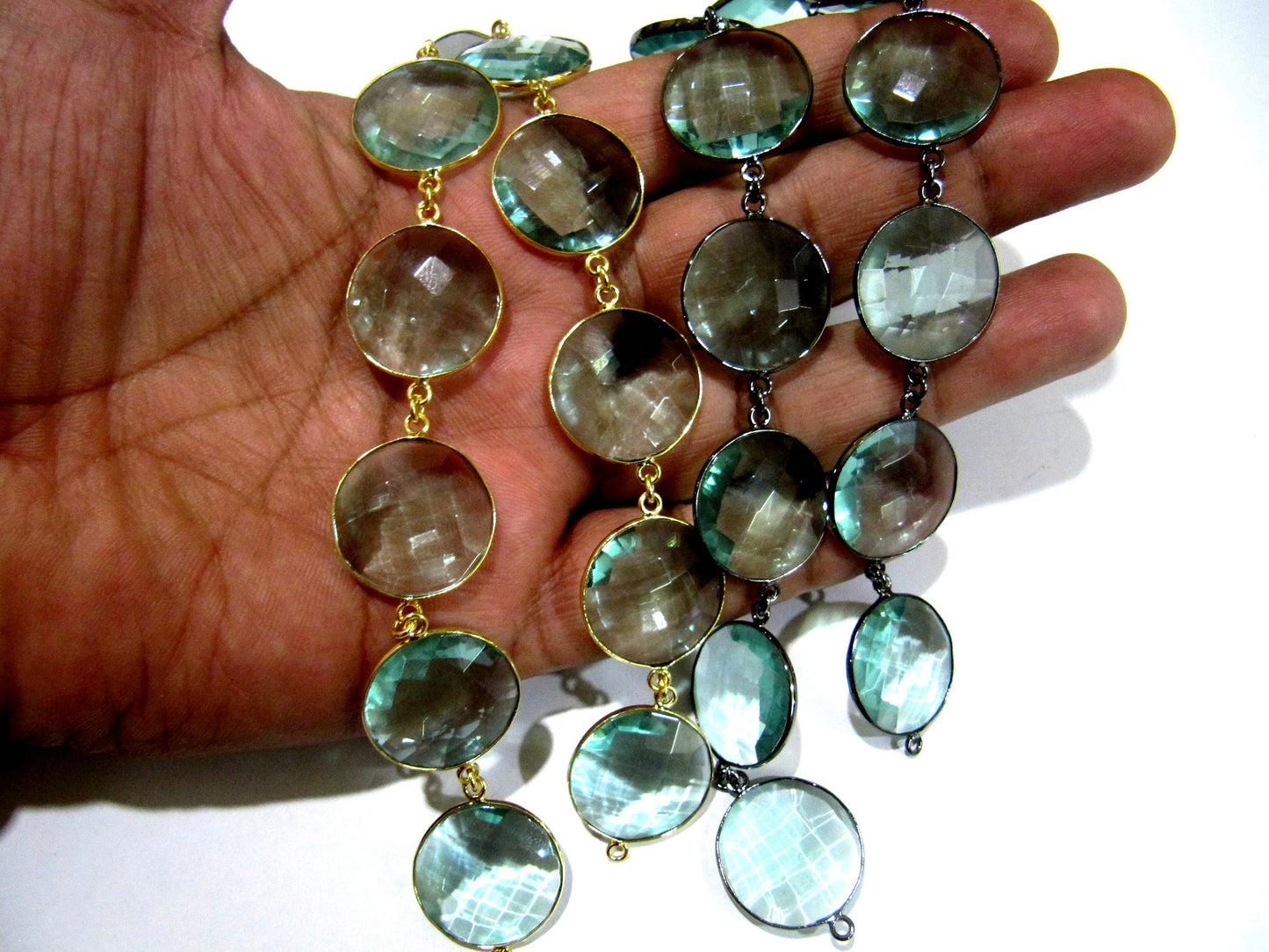 Green Amethyst Quartz  Briolette Faceted Round Coin Shape 20mm Bezel Connector Link Chain Sold Per Foot Jewelry making chain