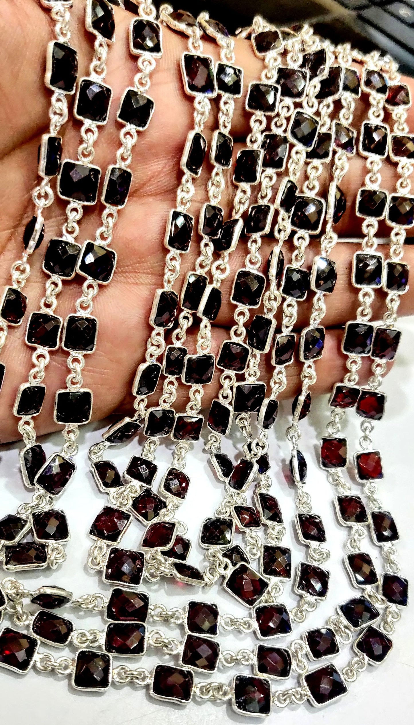 Natural Mozambique Garnet Cushion Shape Briolette Faceted 8mm to 10mm bezel Connector Chain Sold Per Foot Top Quality Wholesale Price