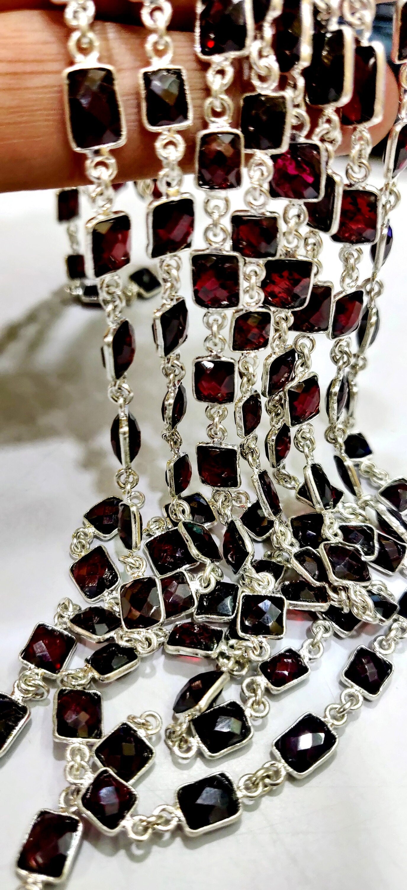Natural Mozambique Garnet Cushion Shape Briolette Faceted 8mm to 10mm bezel Connector Chain Sold Per Foot Top Quality Wholesale Price