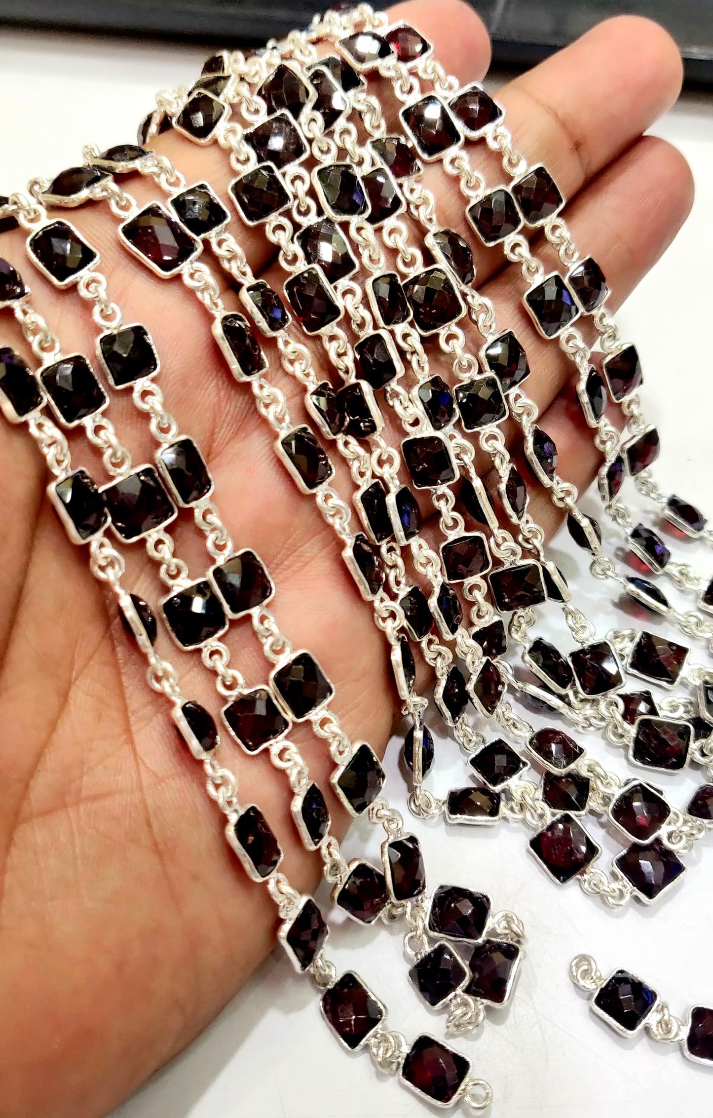 Natural Mozambique Garnet Cushion Shape Briolette Faceted 8mm to 10mm bezel Connector Chain Sold Per Foot Top Quality Wholesale Price