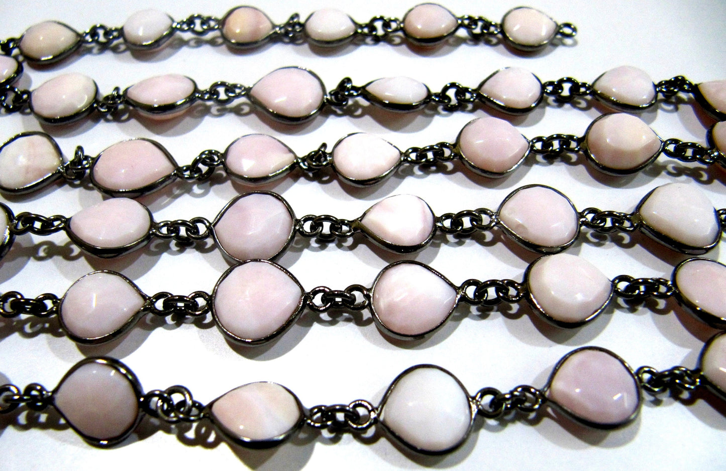 Natural Pink Opal Heart Shape Briolette Faceted Size 10mm to 11mm Bezel Connector Black Oxidised Plated Chain  High Quality Wholesale prices