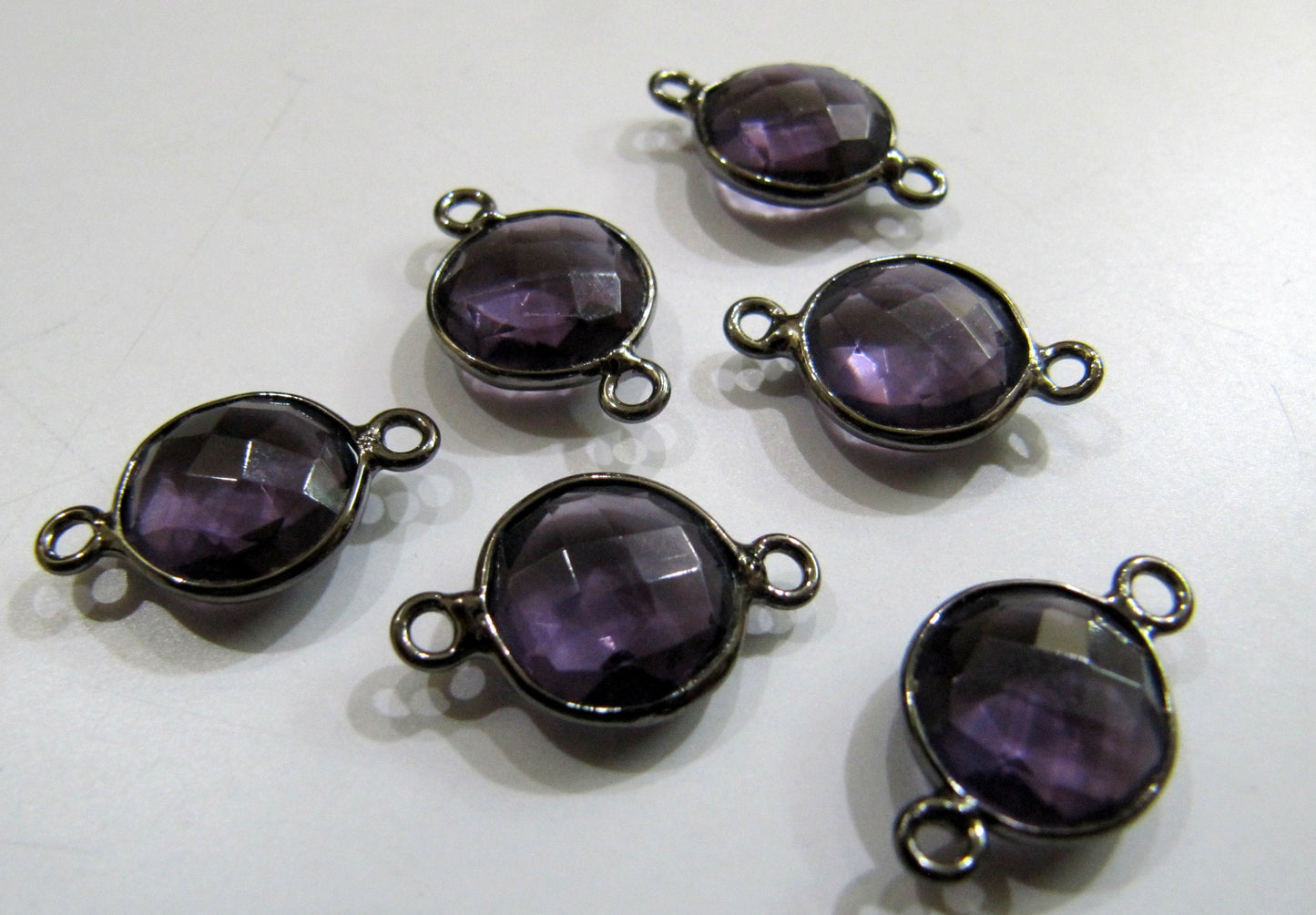 Amethyst Quartz  Round Coin Shape 10 to 11mm Briolette Faceted Double Loop Bezel Connectors Wholesale price Choose the Plating Color