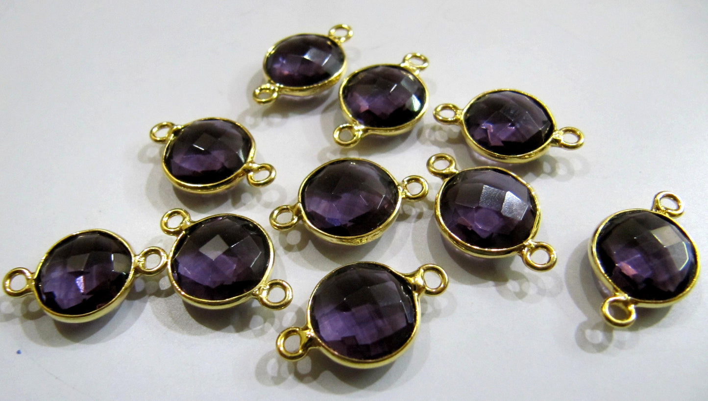Amethyst Quartz  Round Coin Shape 10 to 11mm Briolette Faceted Double Loop Bezel Connectors Wholesale price Choose the Plating Color
