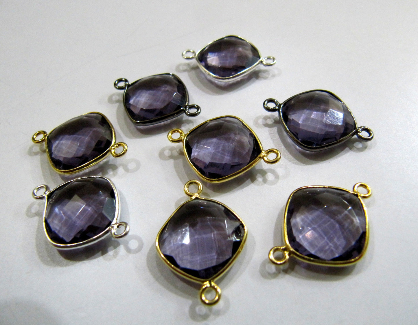 Amethyst Quartz Cushion Shape Briolette Faceted 12-13mm  Double Loop Bezel Connectors Choose the plating Color Sold per Piece