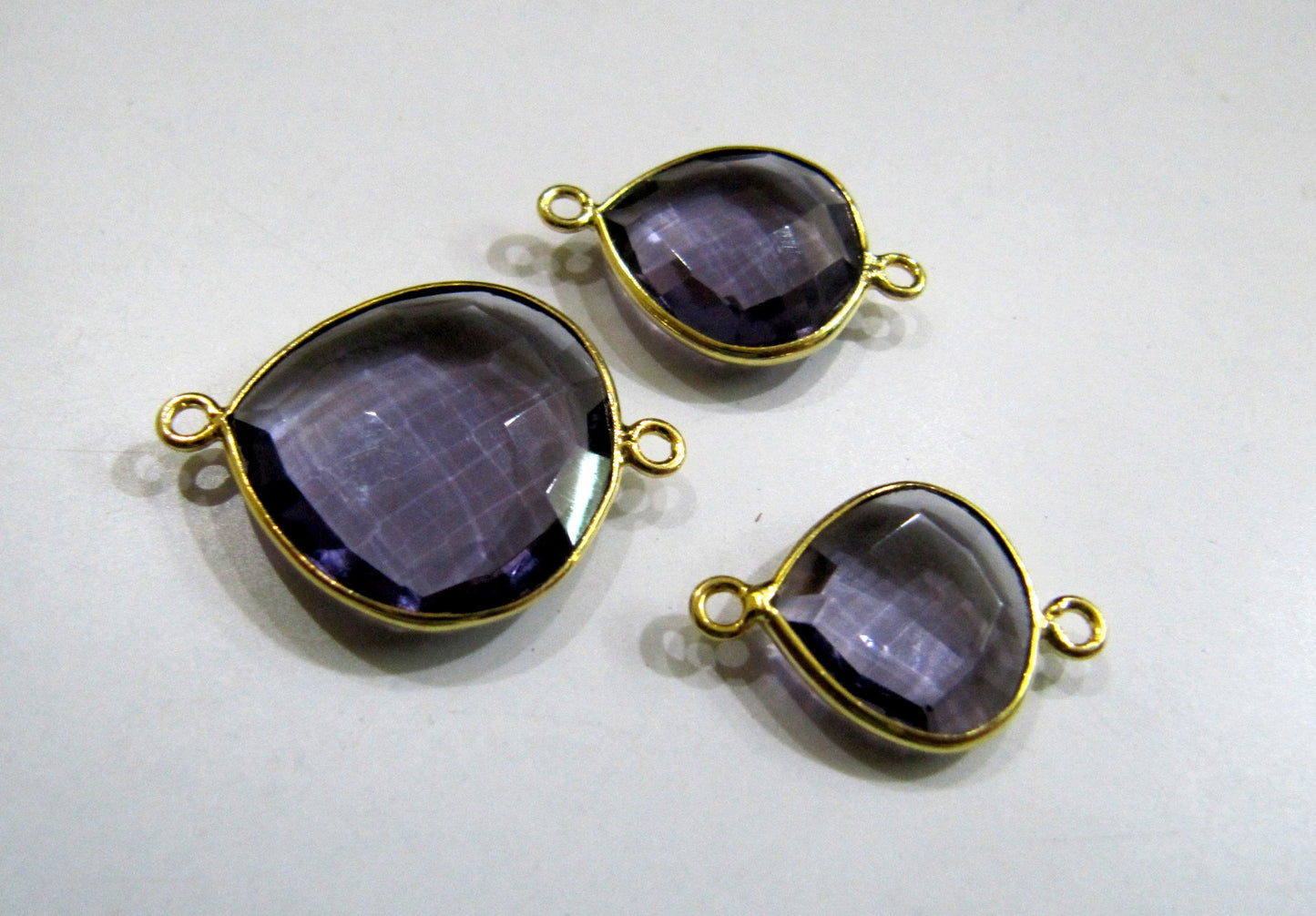 Amethyst Quartz Heart Shape  Briolette Double Loop Bezel Connectors Charms Choose The Size and Plating color  Wholesale price sold per piece