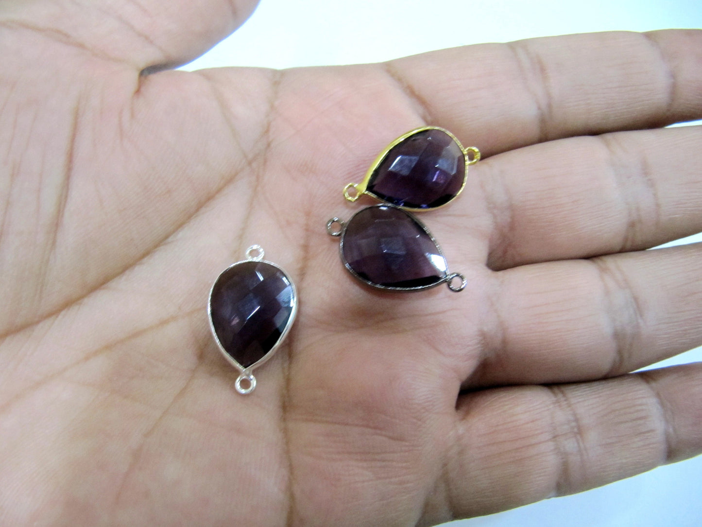 Amethyst Quartz Pear Shape 16x18mm Briolette Faceted Double Loop Bezel Connectors  Choose the Plating Color Wholesale price