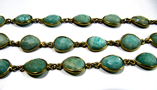 Natural Amazonite Pear Heart Shape Briolette Faceted Bezel Connector Chain Top Quality Sold Per Foot Wholesale Prices