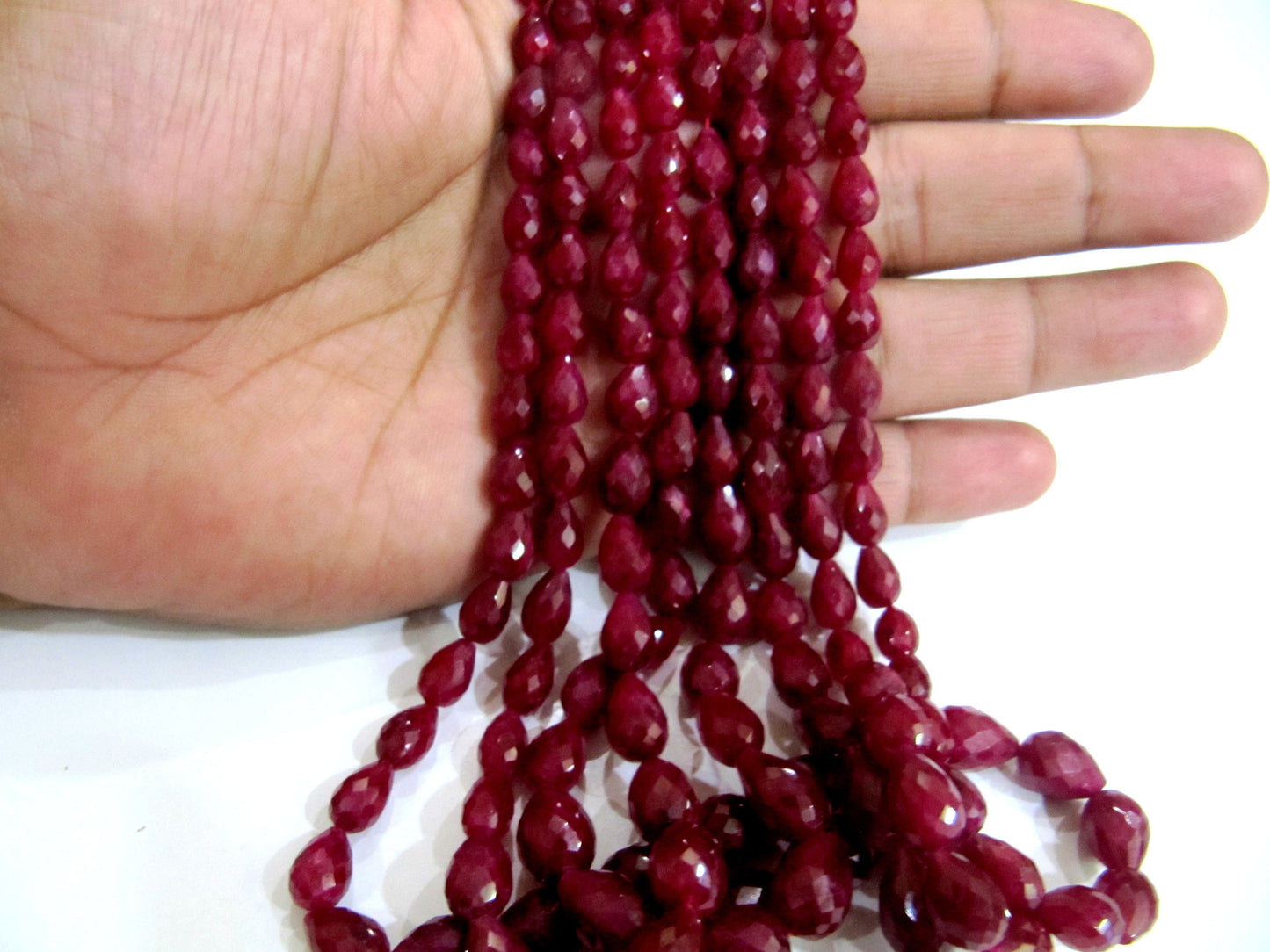 Genuine Ruby Corundum 6x8mm to 9x13mm Briolette Faceted Tear drop Shape Straight drilled Graduated Beads 8 inches long Top Quality