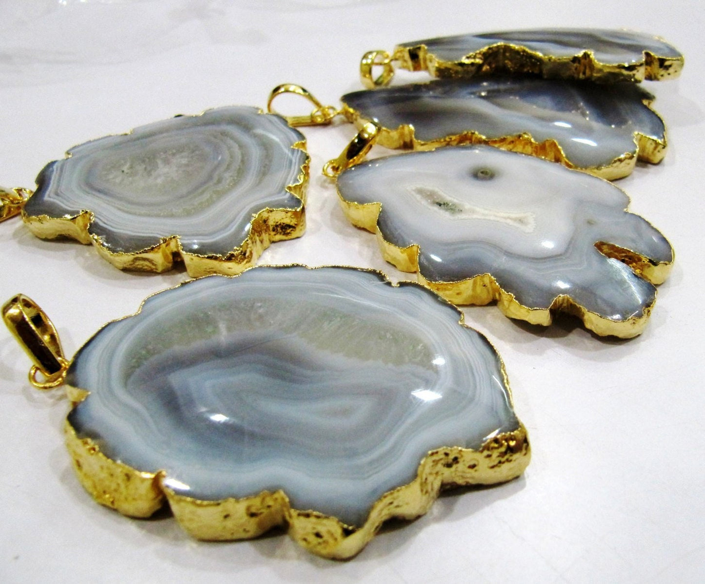 Natural Grey Solar Quartz Geode Agate Slice Pendant Size 40x60mm to 50x70mm 24Kt Gold Electroplated Edges Stalactite Slice