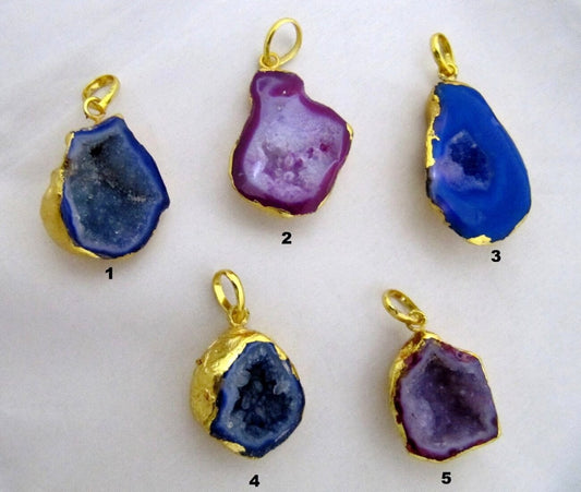 Agate Druzy Geode pendant Back Side Fully covered with 24Kt Gold Electroplating High Quality Gold Layer used 25 to 40mm Colored Drusy