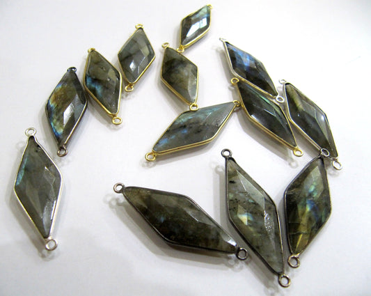 Natural Labradorite Marquise Fancy Shape Size 14x34mm Laser Cut Briolette Faceted Double loop bezel Connectors charms Sold Per Piece