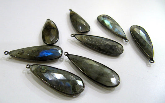 Natural Labradorite Long Pear Shape 10x28 to 12x30mm Briolette Faceted Blue Flashy Single Loop Bezel Connectors Sold Per Piece