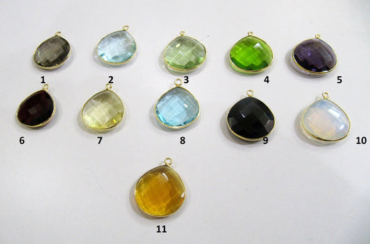 Mix Color Gemstone Quartz Briolette Faceted Size 20mm Heart Shape Single Loop Bezel Connector Choose the stone color and Plating