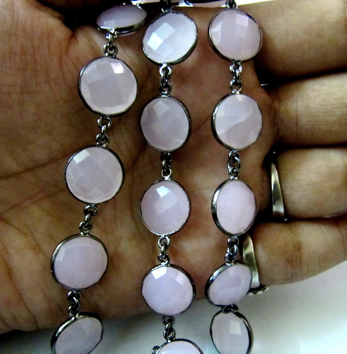 Natural Rose Quartz Coin Shape Briolette Faceted Bezel Connector Chain Sold Per Foot High Quality Gun Metal Finished Wholesale Prices