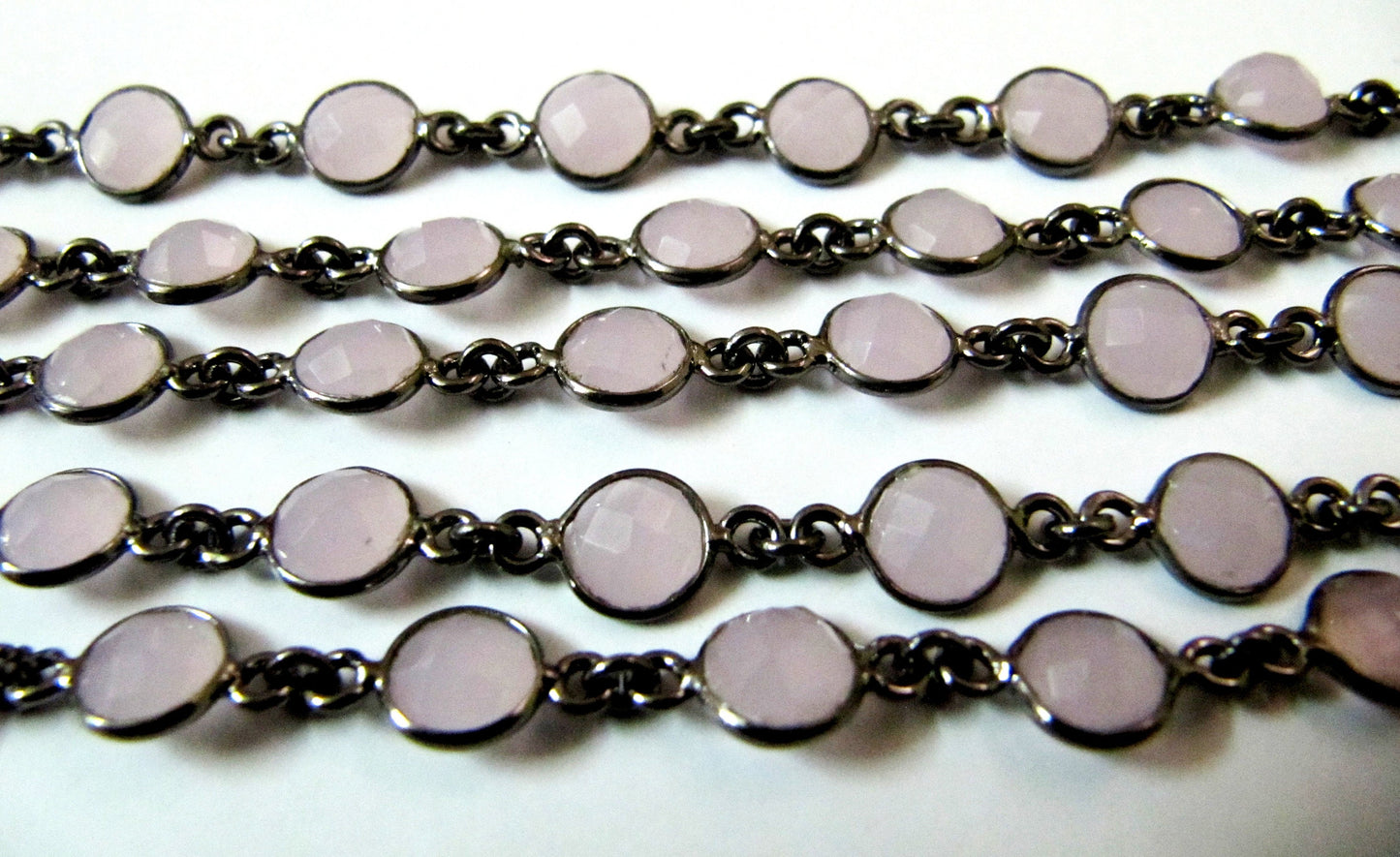 Natural Rose Quartz Coin Shape Briolette Faceted Bezel Connector Chain Sold Per Foot High Quality Gun Metal Finished Wholesale Prices