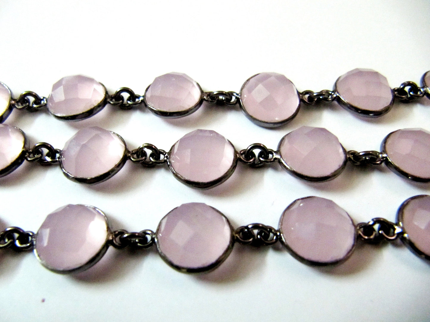 Natural Rose Quartz Coin Shape Briolette Faceted Bezel Connector Chain Sold Per Foot High Quality Gun Metal Finished Wholesale Prices