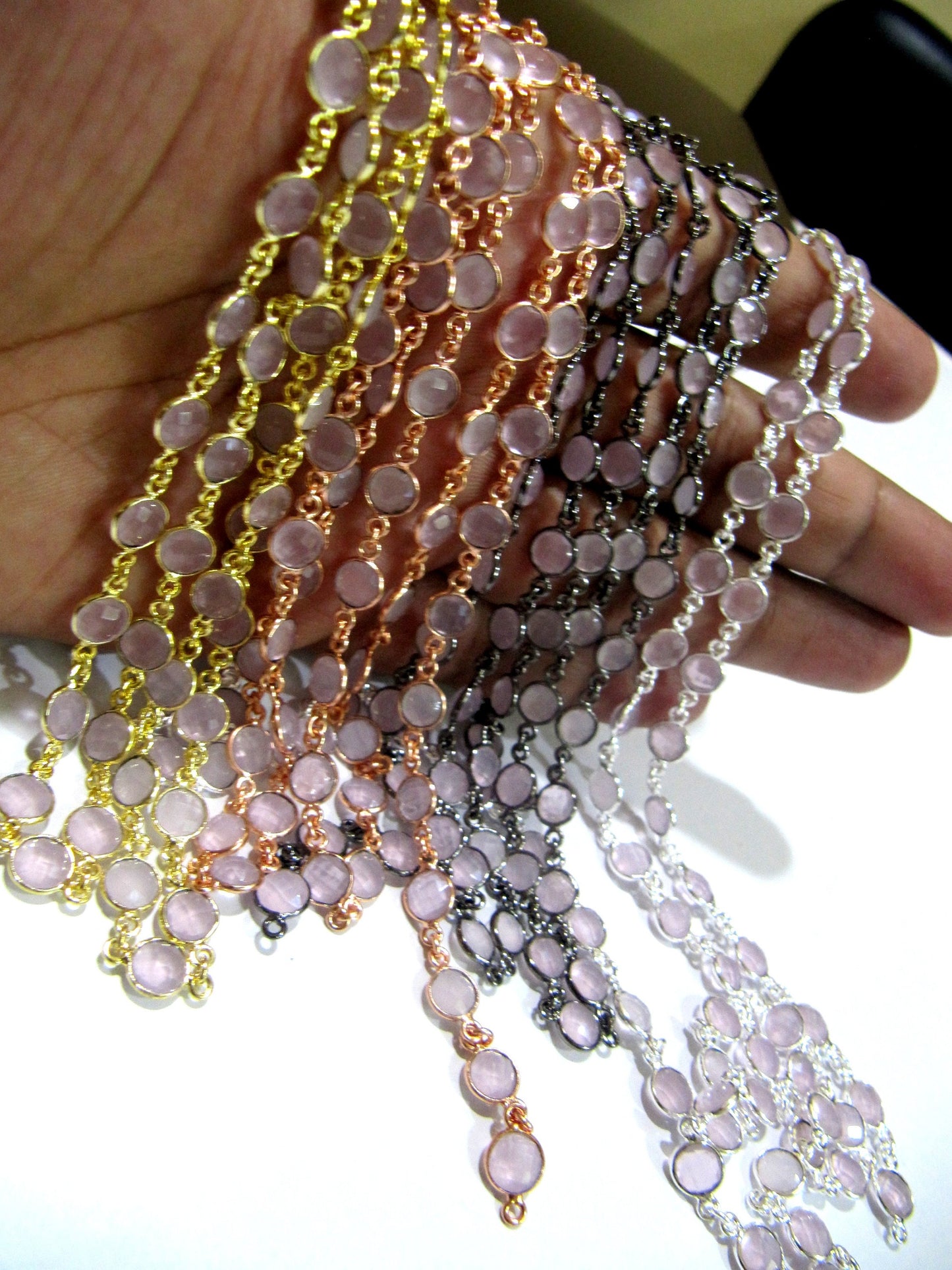 Natural Rose Quartz Coin Shape Briolette Faceted Bezel Connector Chain Sold Per Foot High Quality Handmade Gemstone Chains