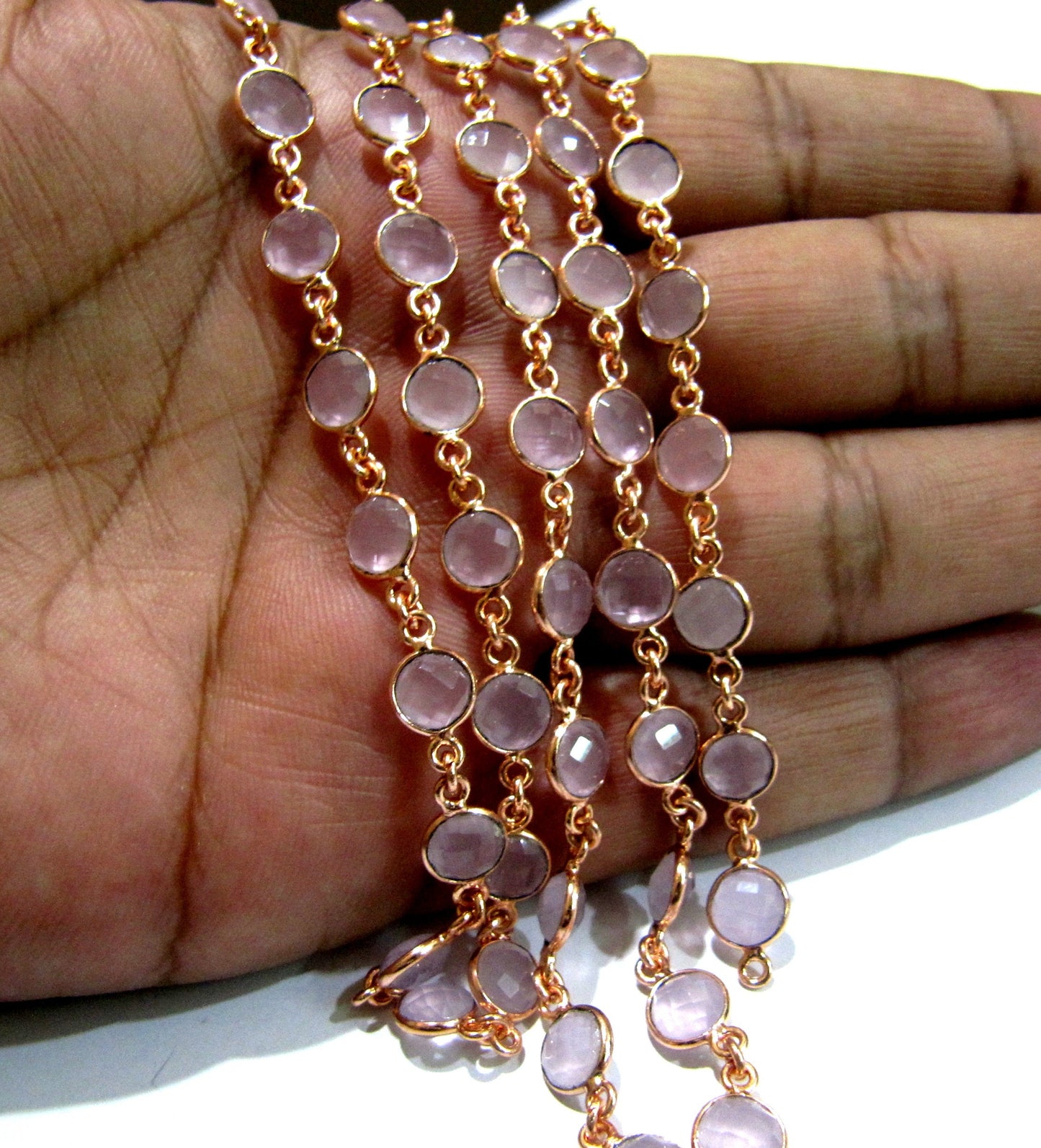 Natural Rose Quartz Coin Shape Briolette Faceted Bezel Connector Chain Sold Per Foot High Quality Handmade Gemstone Chains