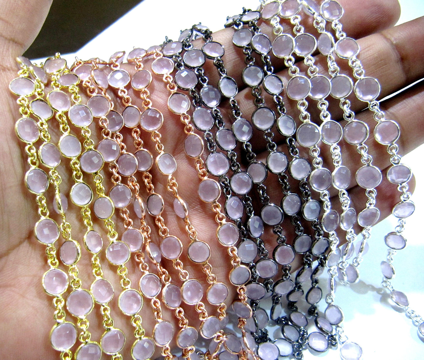 Natural Rose Quartz Coin Shape Briolette Faceted Bezel Connector Chain Sold Per Foot High Quality Handmade Gemstone Chains