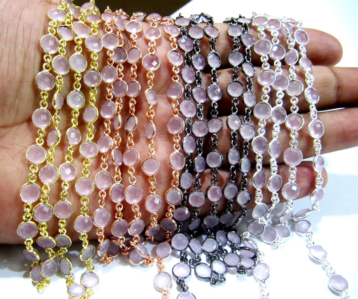 Natural Rose Quartz Coin Shape Briolette Faceted Bezel Connector Chain Sold Per Foot High Quality Handmade Gemstone Chains