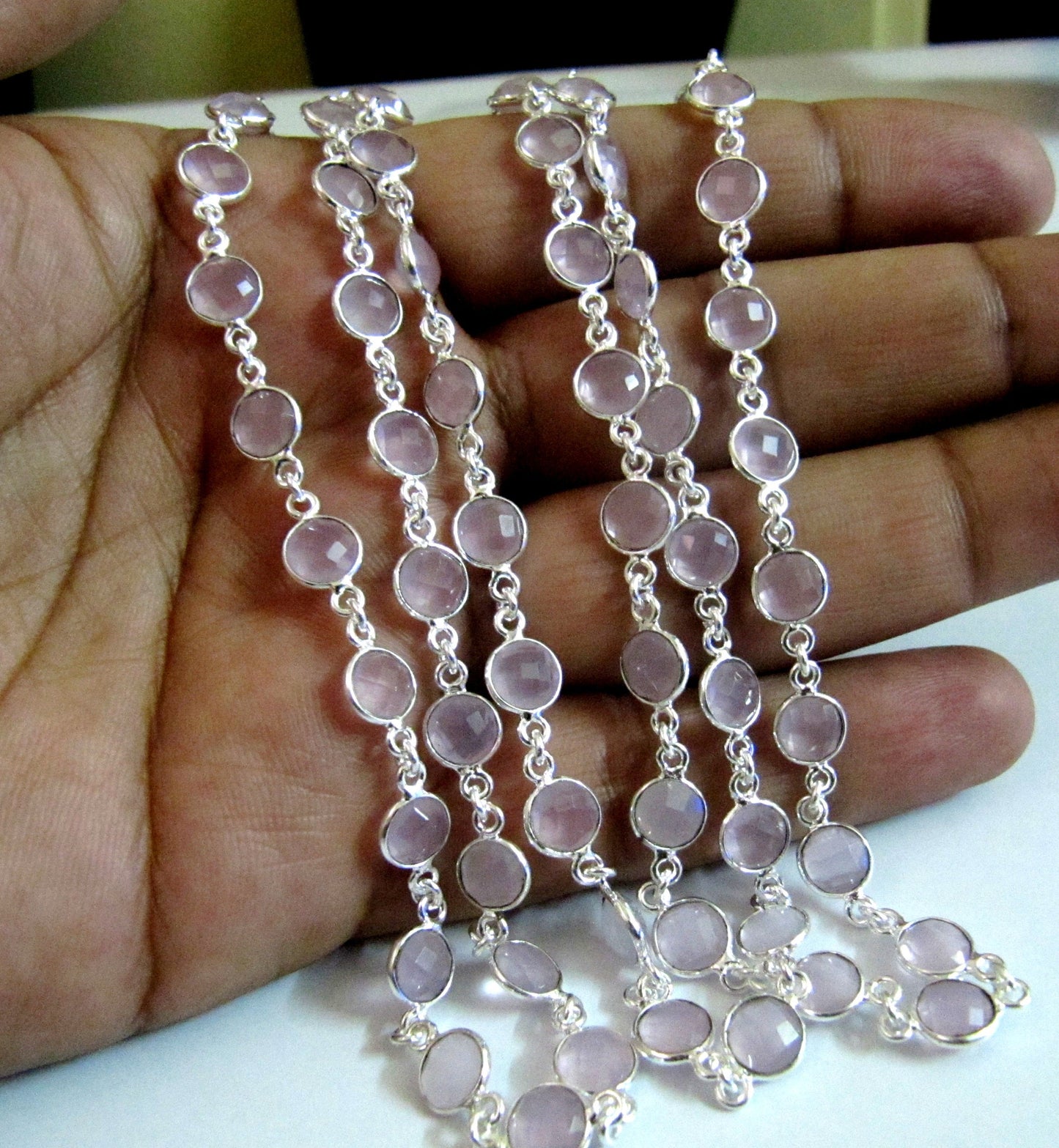 Natural Rose Quartz Coin Shape Briolette Faceted Bezel Connector Chain Sold Per Foot High Quality Handmade Gemstone Chains