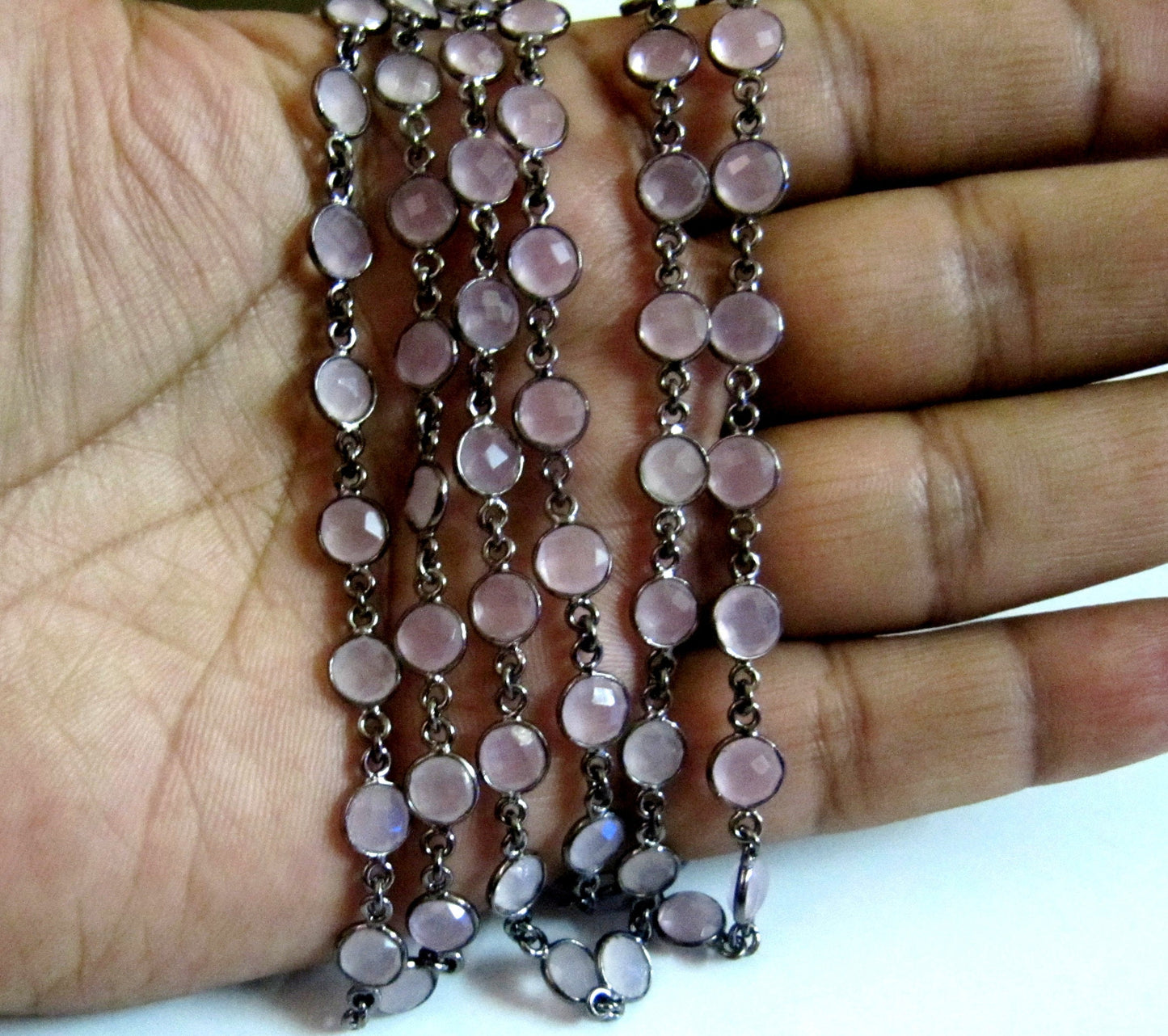 Natural Rose Quartz Coin Shape Briolette Faceted Bezel Connector Chain Sold Per Foot High Quality Handmade Gemstone Chains
