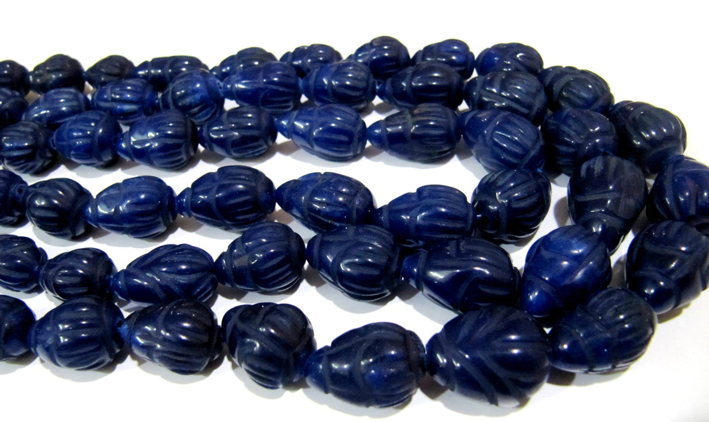 Sold Per 6 Loose Beads Best Quality Dyed Blue Sapphire Hand Carved Designer Size 10x14mm to 14x20mm Tear Drop Straight Drilled Beads