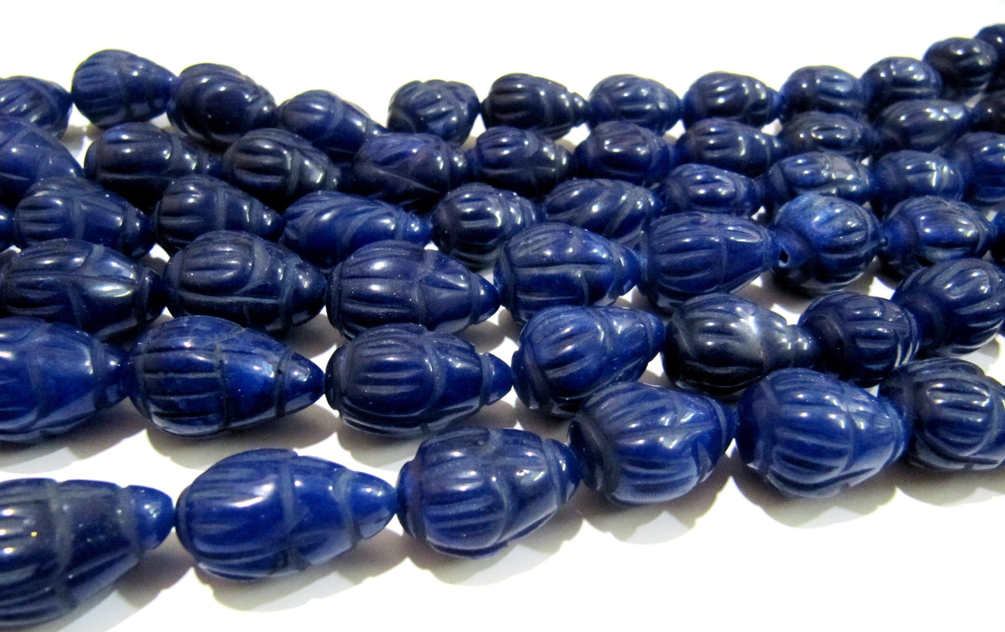 Sold Per 6 Loose Beads Best Quality Dyed Blue Sapphire Hand Carved Designer Size 10x14mm to 14x20mm Tear Drop Straight Drilled Beads