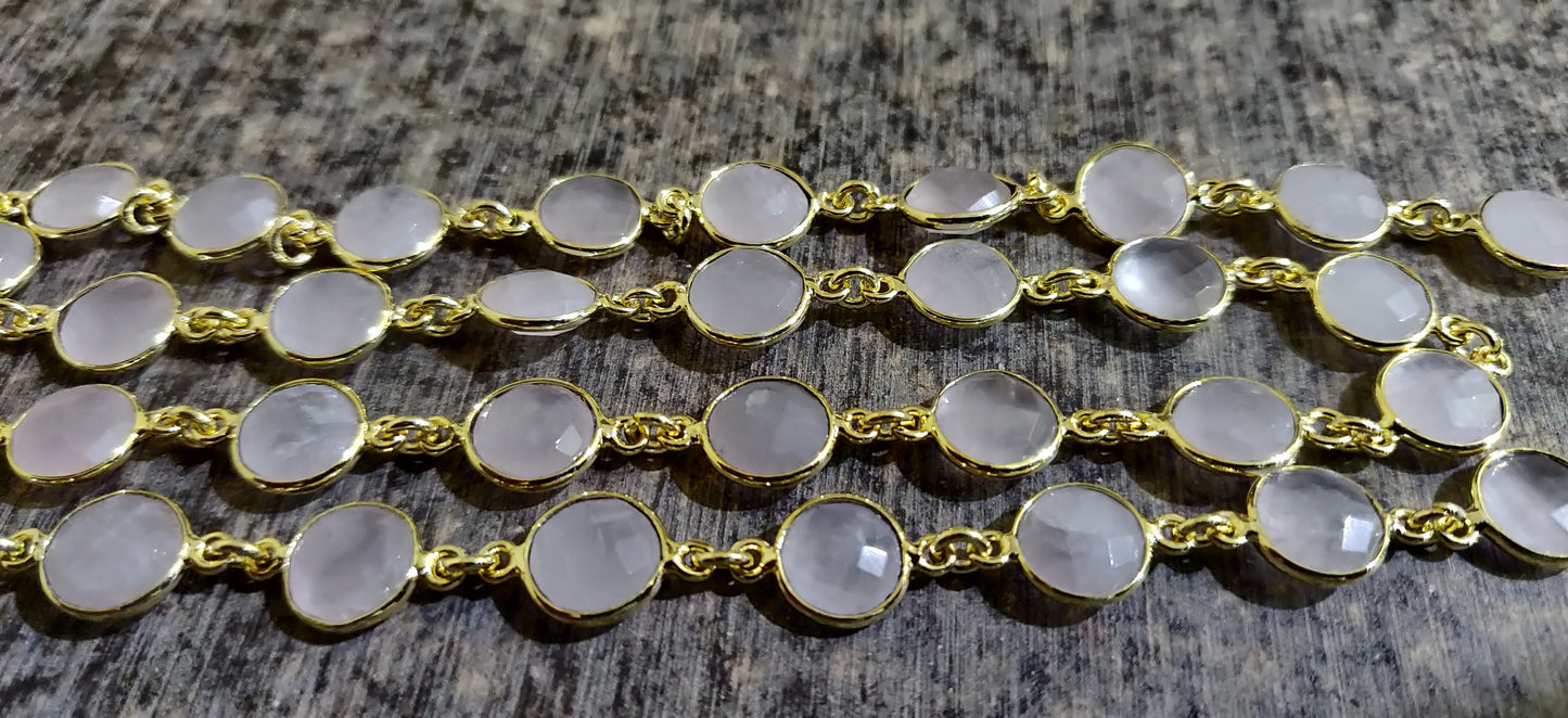 Natural Rose Quartz Coin Shape Briolette Faceted Size 9mm Bezel Connector Chain Sold Per Foot High Quality Choose the Plating Color