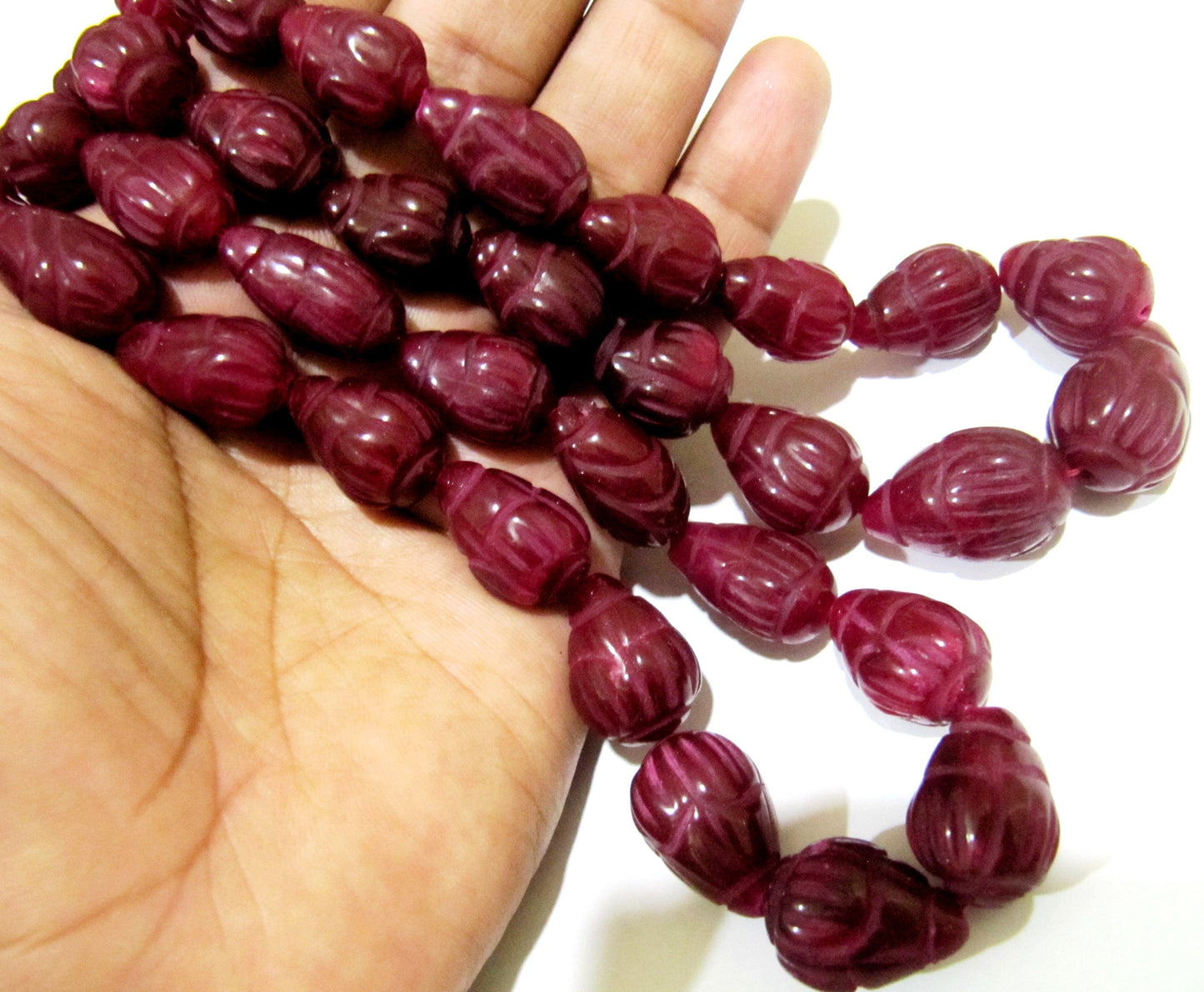 Best Quality Dyed Ruby Hand Carved Designer Size 10x14mm to 14x20mm Tear Drop Straight Drilled Beads sold per 6 beads