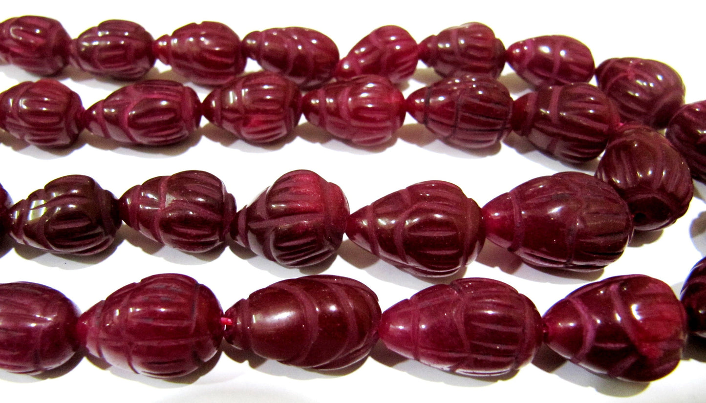 Best Quality Dyed Ruby Hand Carved Designer Size 10x14mm to 14x20mm Tear Drop Straight Drilled Beads sold per 6 beads