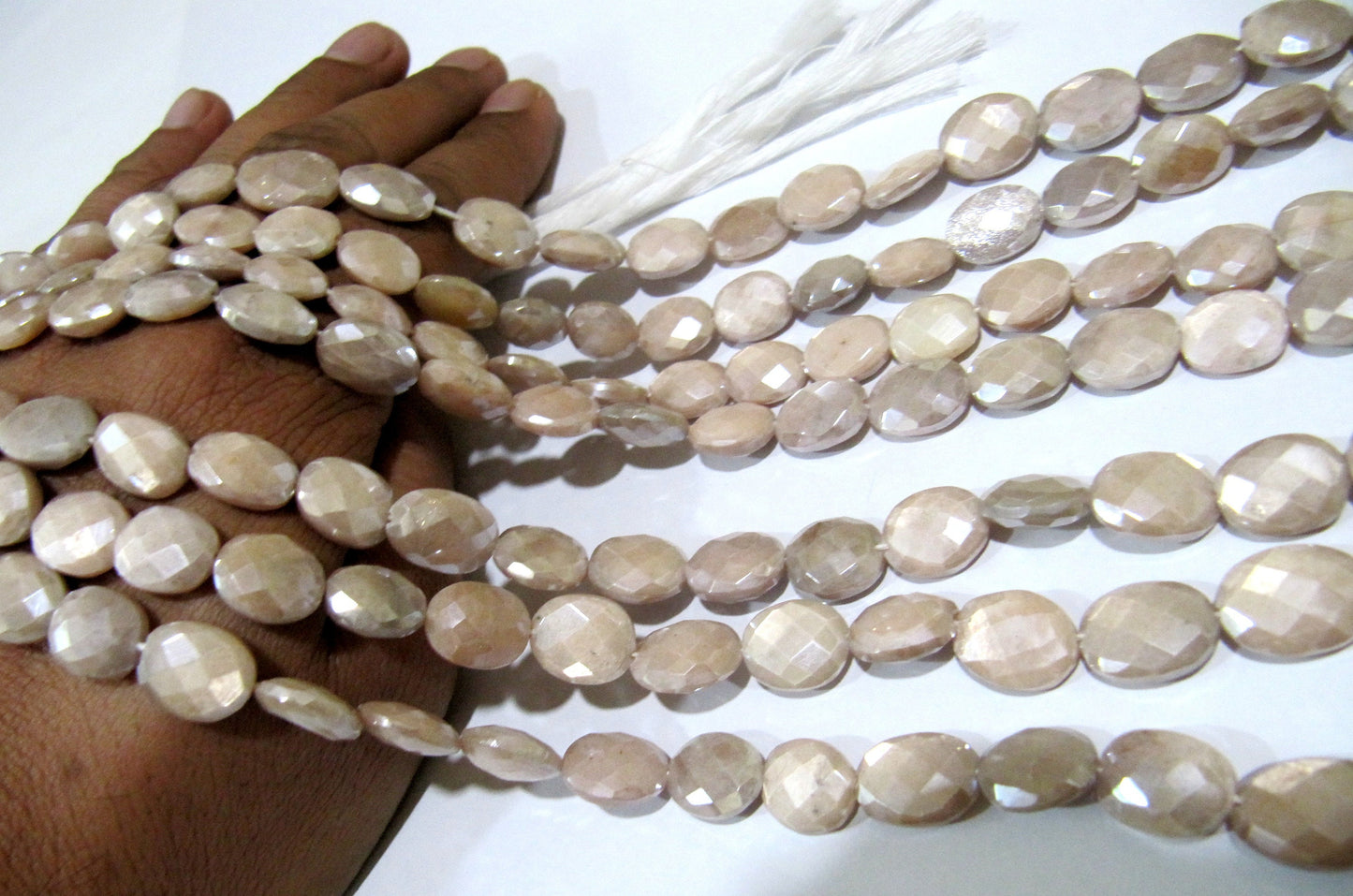 Natural Peach Moonstone 10 to 14 mm Oval Briolette Faceted Silver Mystic Coated Beads Strand 13 inches long Best Quality Gemstones