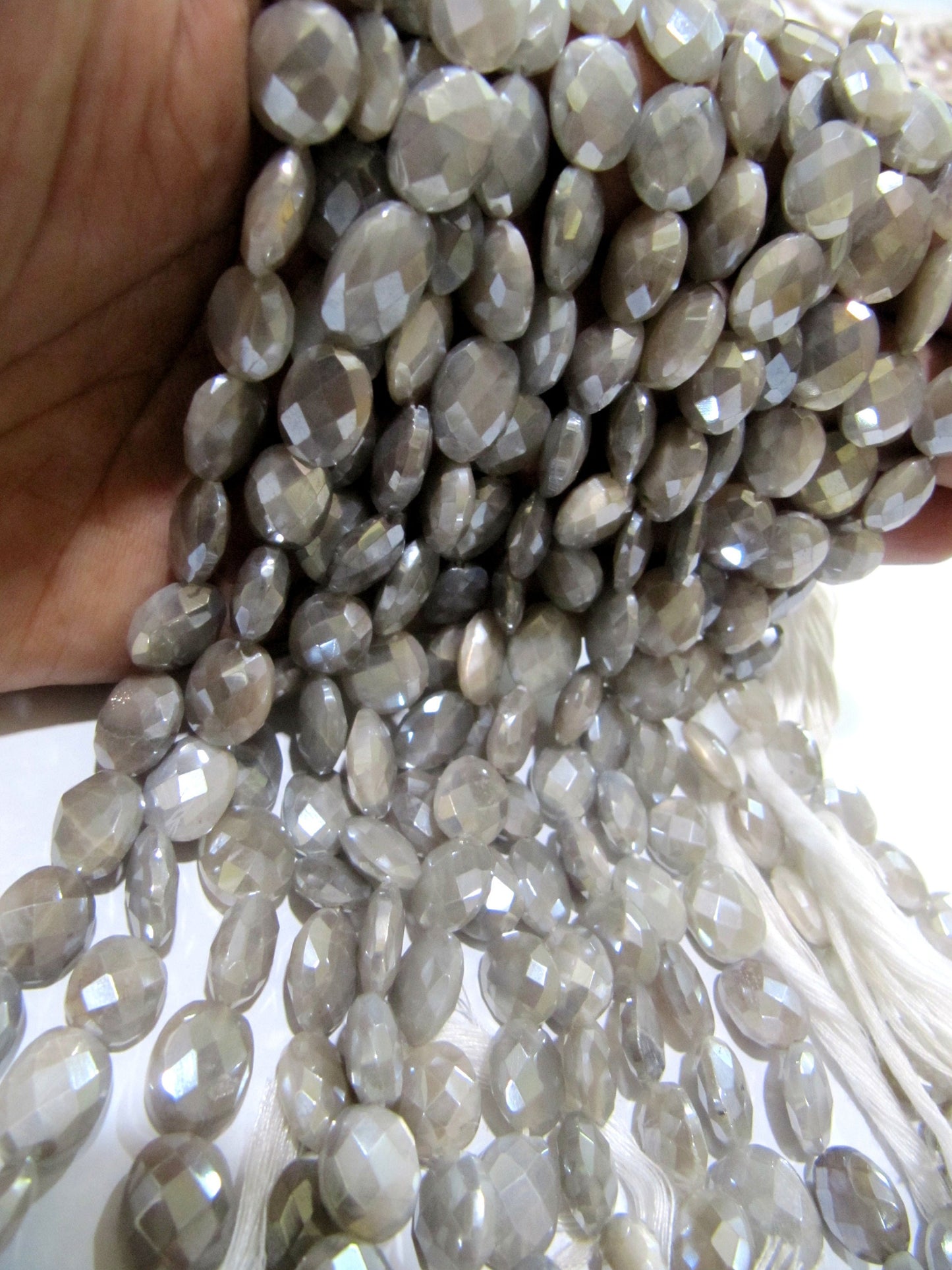 Natural Grey Moonstone Silver AB Mystic Coated Oval Shape Briolette Faceted Beads 7x10to8x12mm Strand 10 inch long High Quality Beads