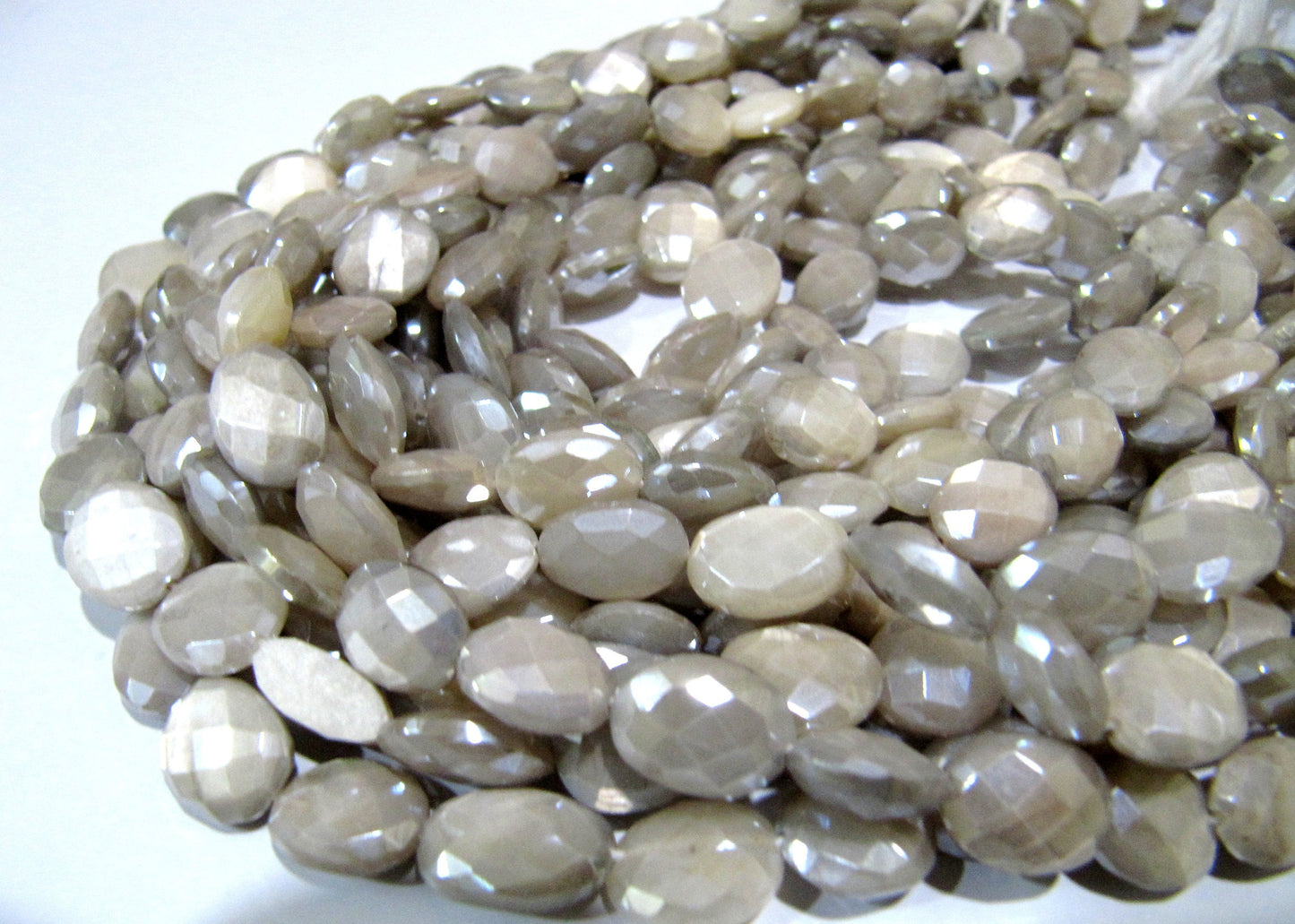 Natural Grey Moonstone Silver AB Mystic Coated Oval Shape Briolette Faceted Beads 7x10to8x12mm Strand 10 inch long High Quality Beads