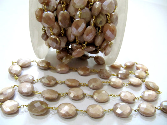 Natural Peach Moonstone Silverite AB Coated Oval Shape Faceted 8x11mm to 9x12mm Rosary Wire Wrapped Beaded Gold Plated chain