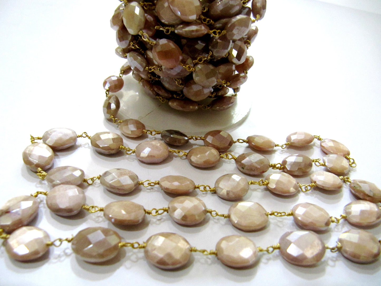 Natural Peach Moonstone Silverite AB Coated Oval Shape Faceted 8x11mm to 9x12mm Rosary Wire Wrapped Beaded Gold Plated chain