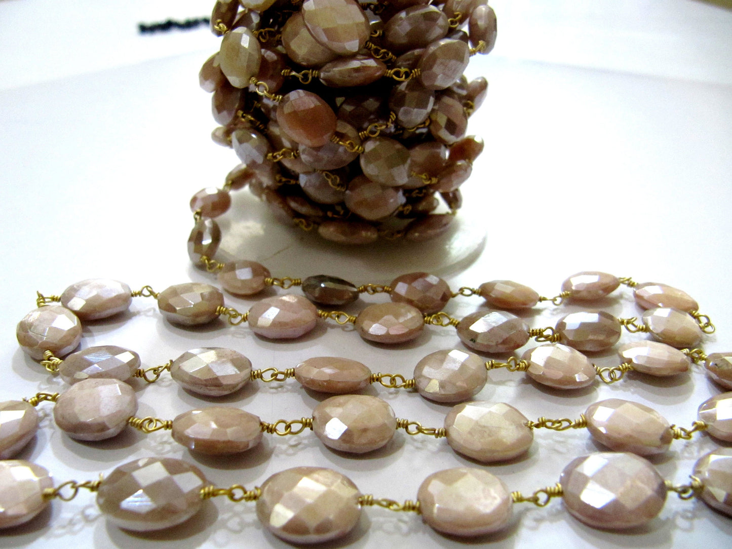 Natural Peach Moonstone Silverite AB Coated Oval Shape Faceted 8x11mm to 9x12mm Rosary Wire Wrapped Beaded Gold Plated chain