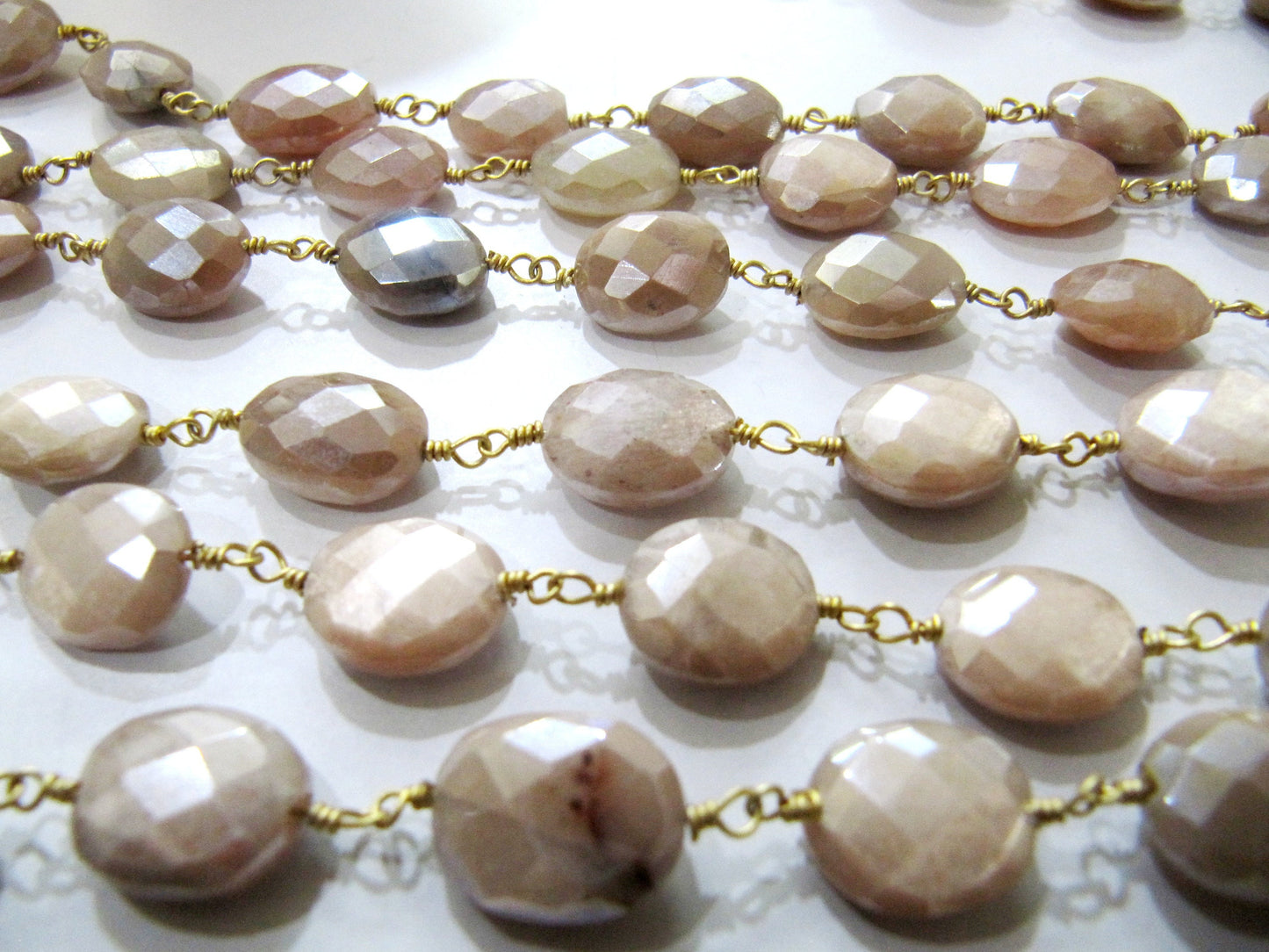 Natural Peach Moonstone Silverite AB Coated Oval Shape Faceted 8x11mm to 9x12mm Rosary Wire Wrapped Beaded Gold Plated chain