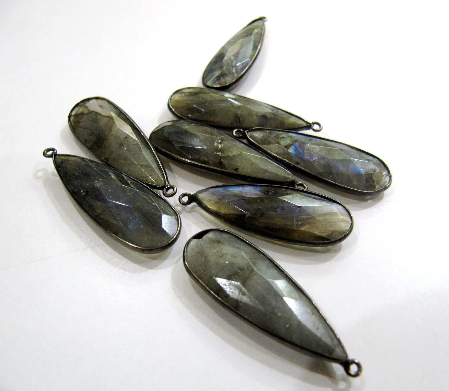 Natural Labradorite Long Pear Shape 10x28 to 12x30mm Briolette Connectors Gray Stone single  Loop Bezel Charms sold per piece