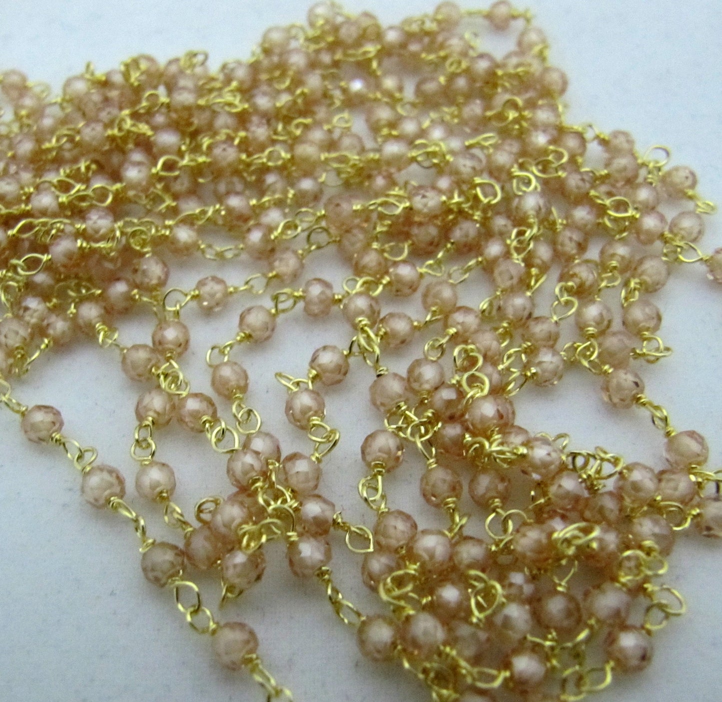 Champagne color CZ Rondelle Faceted  3mm Size Cubic Zirconia wire wrapped Beaded Rosary Chain Sold per Foot