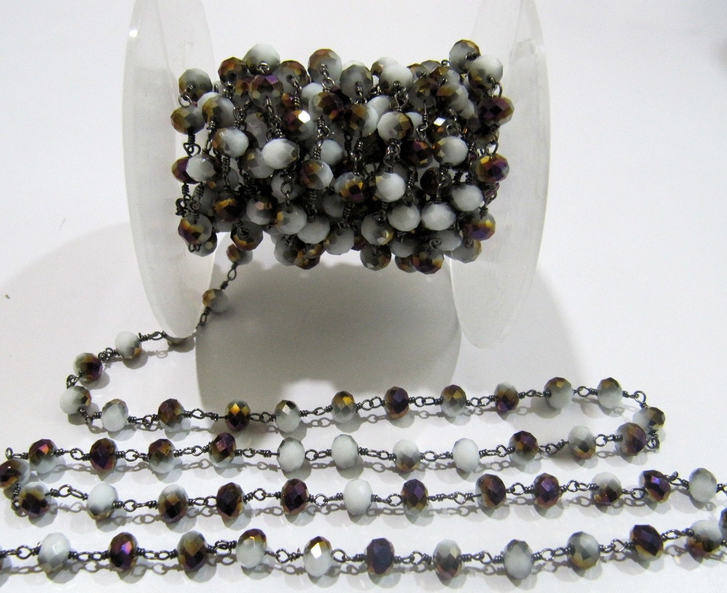 3 Feet-Mystic Coated Purple Moonstone Hydro Quartz 6mm Wire Wrapped Beaded Rosary Chain Wholesale Prices Choose the plating Color