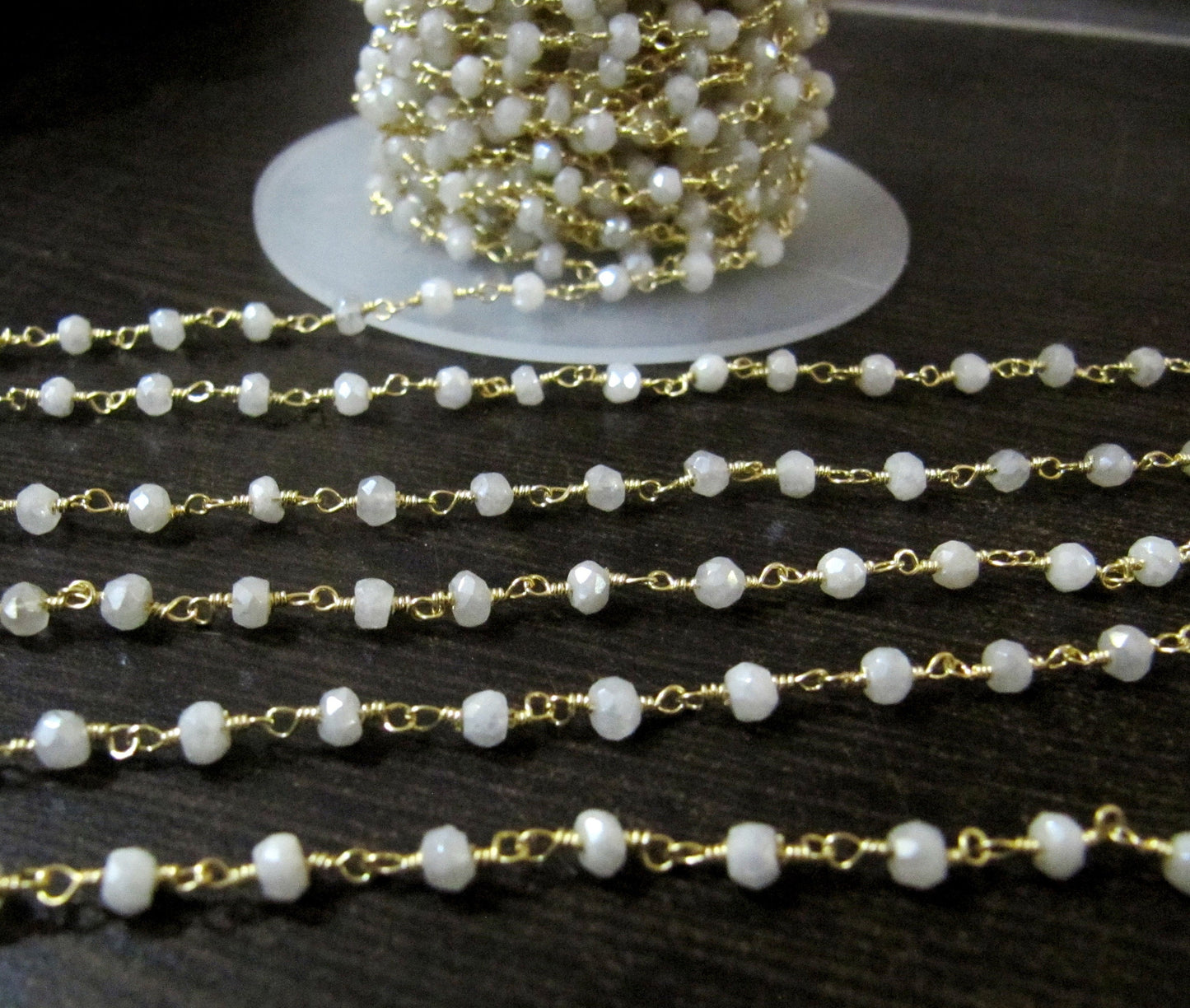 Mystic White Chalcedony Rondelle Faceted Beaded Chain 3mm Size White Hydro Quartz Bead Rosary Chain  Choose the plating Sold per foot